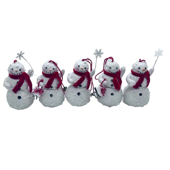 Set of 5 Glitter Snowmen with Red Scarves, Ice Skates & Snowflakes - 3” Vintage - Picture 1 of 1